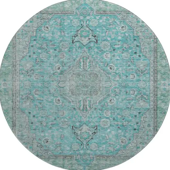 8' Aqua And Gray Floral Medallion Washable Round Rug With UV Protection Photo 3