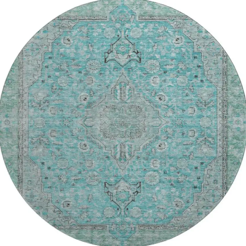 8' Aqua And Gray Floral Medallion Washable Round Rug With UV Protection Photo 3