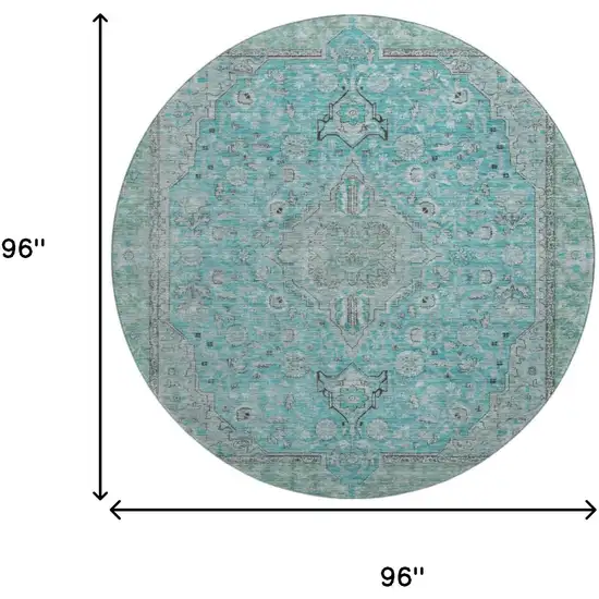 8' Aqua And Gray Floral Medallion Washable Round Rug With UV Protection Photo 9
