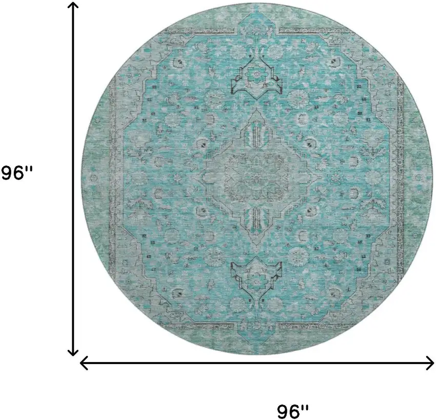 8' Aqua And Gray Floral Medallion Washable Round Rug With UV Protection Photo 9