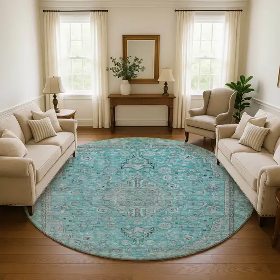 8' Aqua And Gray Floral Medallion Washable Round Rug With UV Protection Photo 4