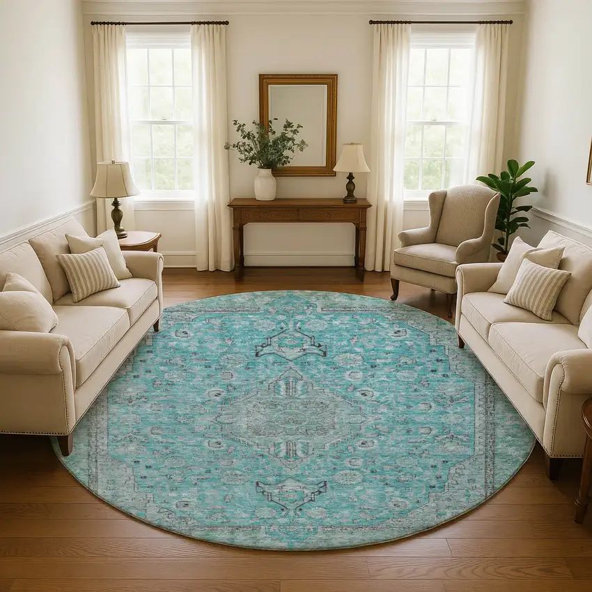 8' Aqua And Gray Floral Medallion Washable Round Rug With UV Protection Photo 4