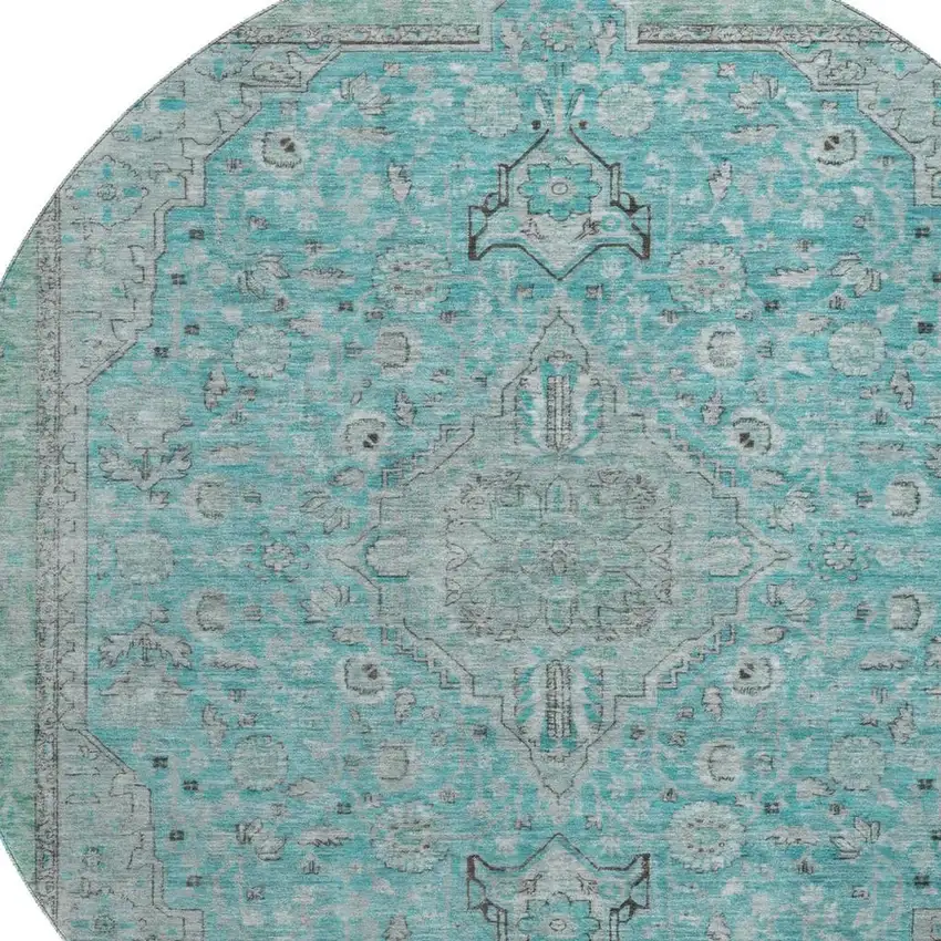 8' Aqua And Gray Floral Medallion Washable Round Rug With UV Protection Photo 2