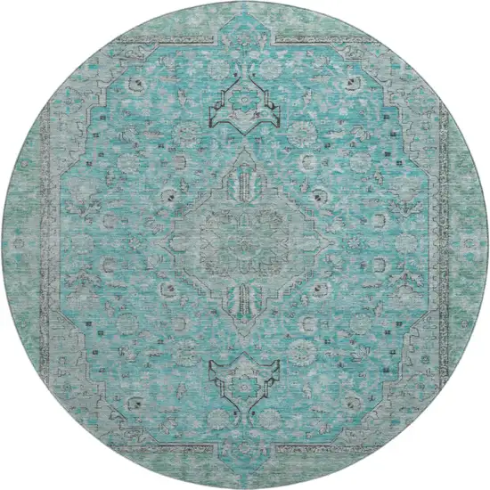 8' Aqua And Gray Floral Medallion Washable Round Rug With UV Protection Photo 1