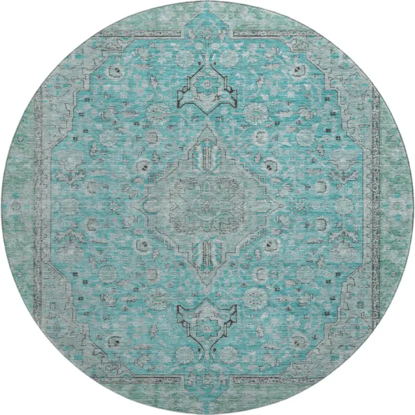 8' Aqua And Gray Floral Medallion Washable Round Rug With UV Protection Photo 1