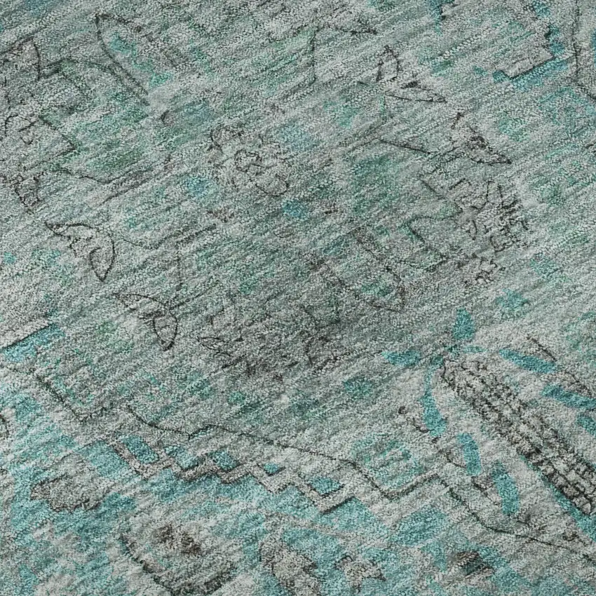 8' Aqua And Gray Floral Medallion Washable Round Rug With UV Protection Photo 8