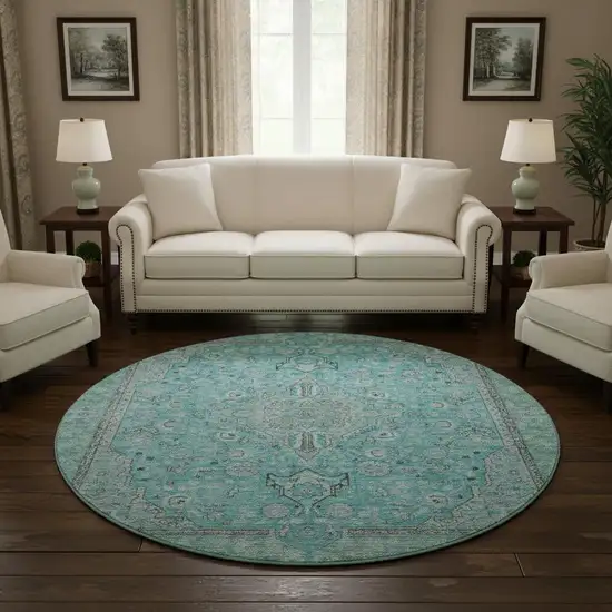 8' Aqua And Gray Floral Medallion Washable Round Rug With UV Protection Photo 2