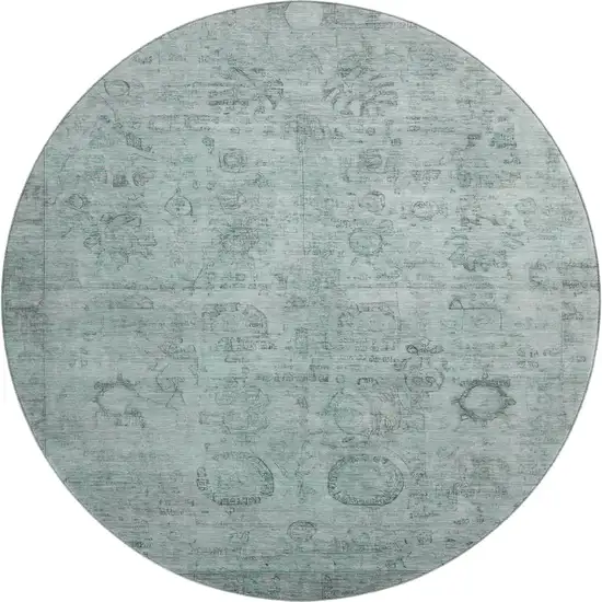 8' Aqua And Gray Oriental Washable Round Rug With UV Protection Photo 1