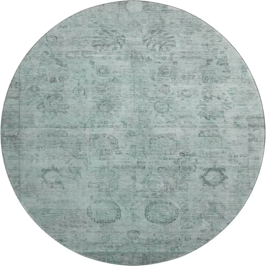 8' Aqua And Gray Oriental Washable Round Rug With UV Protection Photo 1