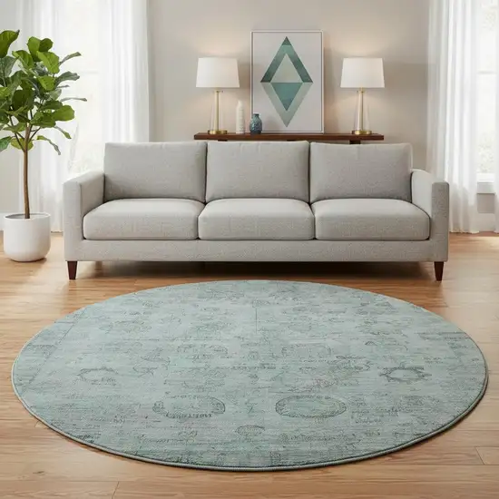 8' Aqua And Gray Oriental Washable Round Rug With UV Protection Photo 2