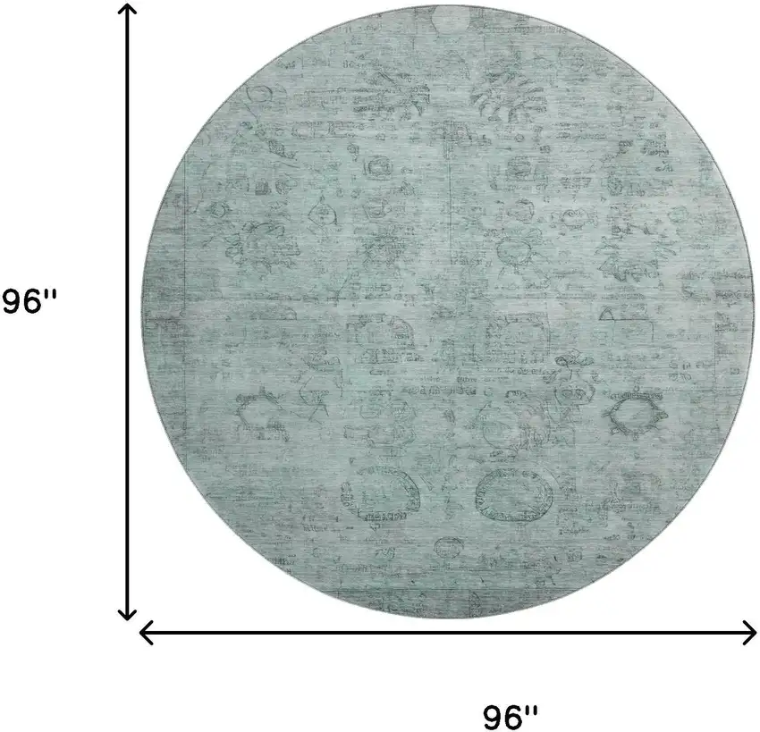 8' Aqua And Gray Oriental Washable Round Rug With UV Protection Photo 9