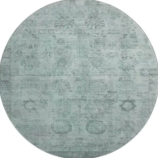 8' Aqua And Gray Oriental Washable Round Rug With UV Protection Photo 3