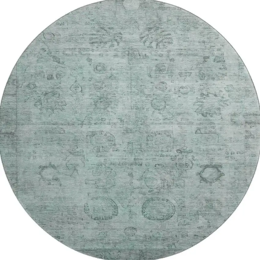 8' Aqua And Gray Oriental Washable Round Rug With UV Protection Photo 3