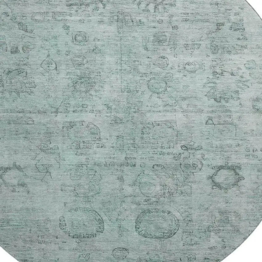 8' Aqua And Gray Oriental Washable Round Rug With UV Protection Photo 2
