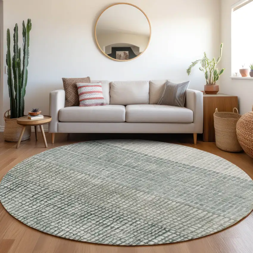 8' Aqua And Gray Round Geometric Washable Indoor Outdoor Area Rug Photo 6