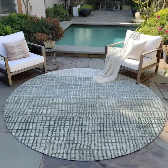 8' Aqua And Gray Round Geometric Washable Indoor Outdoor Area Rug Photo 5