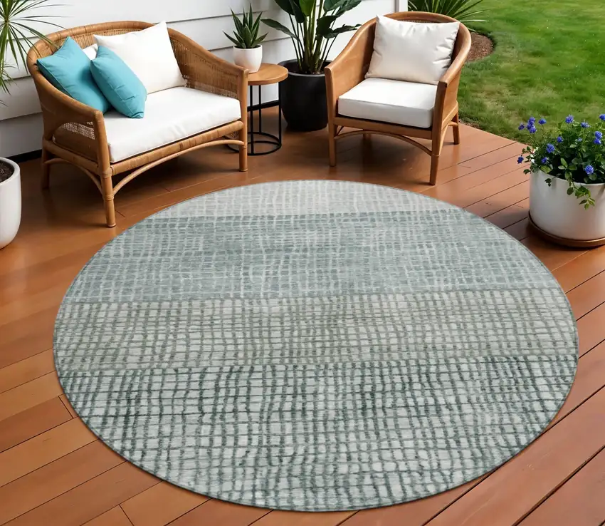 8' Aqua And Gray Round Geometric Washable Indoor Outdoor Area Rug Photo 2