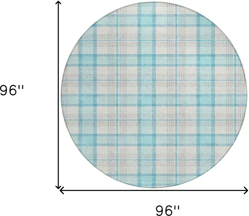 8' Aqua And Gray Round Plaid Washable Indoor Outdoor Area Rug Photo 8