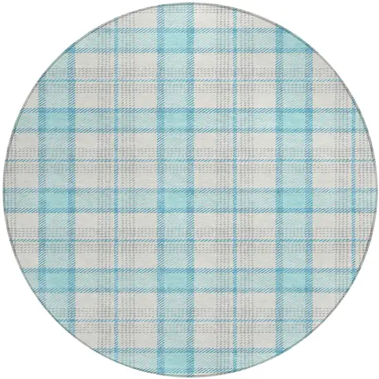 8' Aqua And Gray Round Plaid Washable Indoor Outdoor Area Rug Photo 2