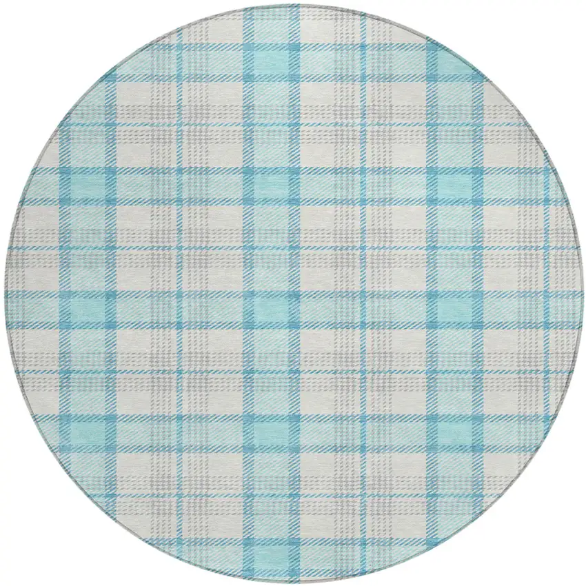 8' Aqua And Gray Round Plaid Washable Indoor Outdoor Area Rug Photo 2