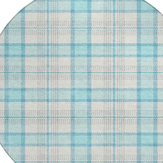 8' Aqua And Gray Round Plaid Washable Indoor Outdoor Area Rug Photo 4
