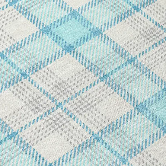 8' Aqua And Gray Round Plaid Washable Indoor Outdoor Area Rug Photo 9