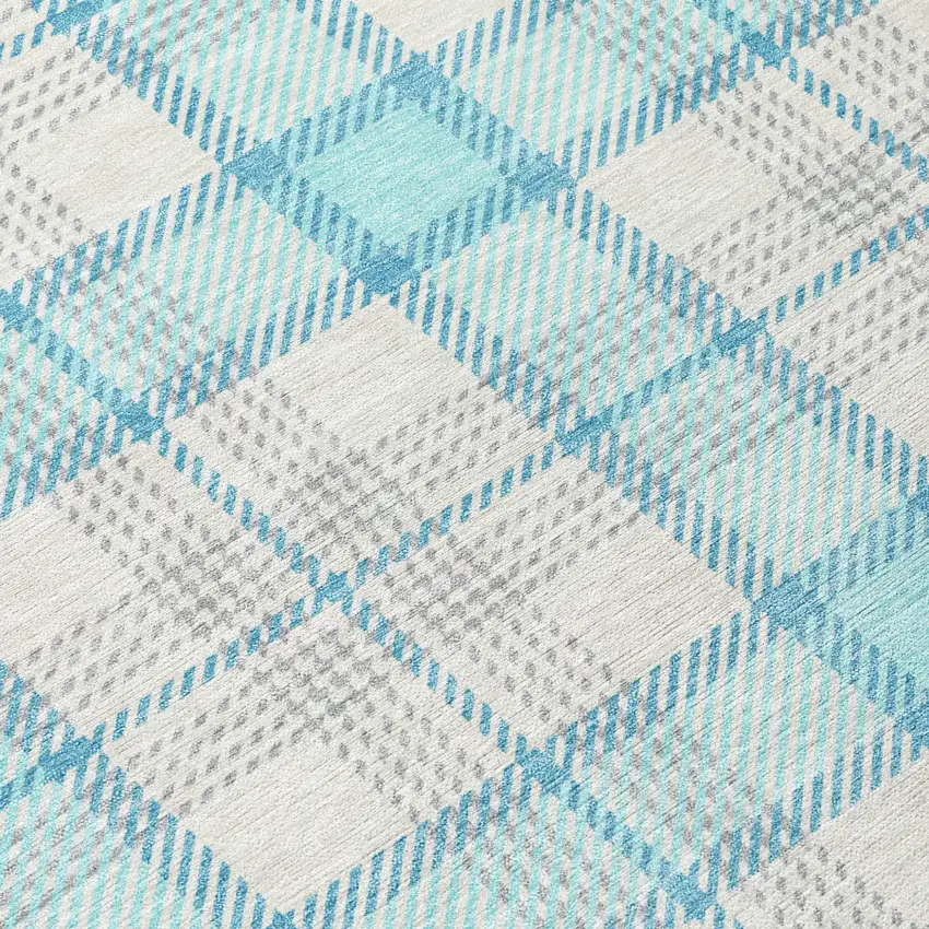 8' Aqua And Gray Round Plaid Washable Indoor Outdoor Area Rug Photo 9