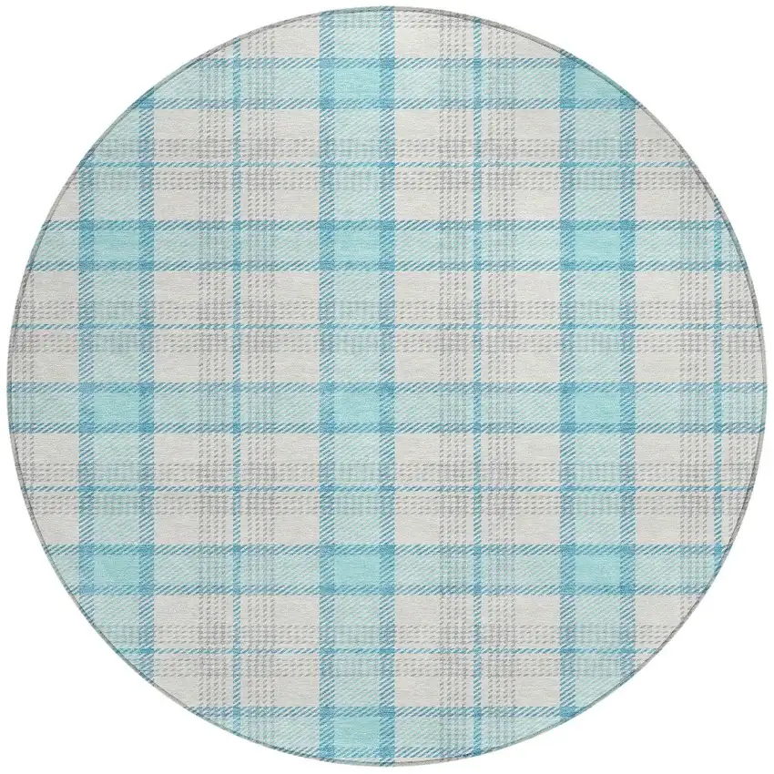 8' Aqua And Gray Round Plaid Washable Indoor Outdoor Area Rug Photo 5