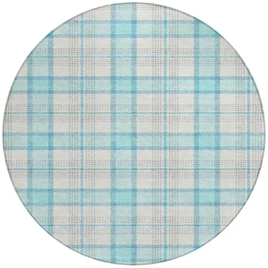 8' Aqua And Gray Round Plaid Washable Indoor Outdoor Area Rug Photo 5