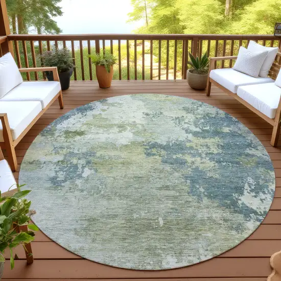 8' Aqua And Green Round Abstract Washable Indoor Outdoor Area Rug Photo 4