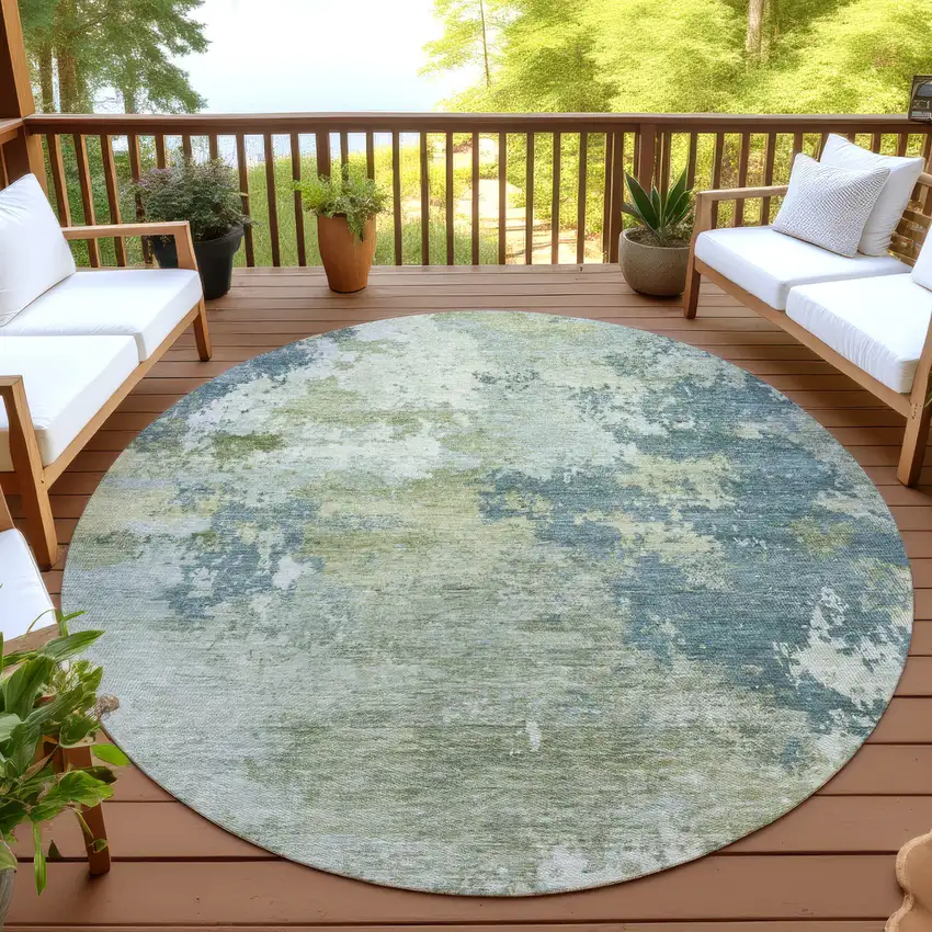 8' Aqua And Green Round Abstract Washable Indoor Outdoor Area Rug Photo 4