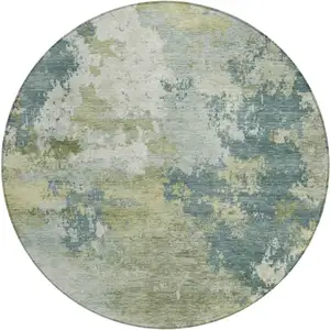 Photo of 8' Aqua And Green Round Abstract Washable Indoor Outdoor Area Rug