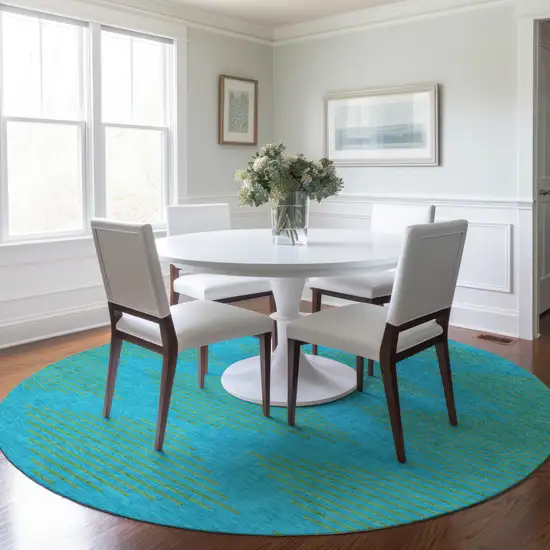 8' Aqua And Green Round Geometric Washable Indoor Outdoor Area Rug Photo 8