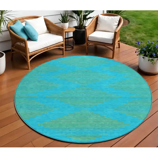 8' Aqua And Green Round Geometric Washable Indoor Outdoor Area Rug Photo 1