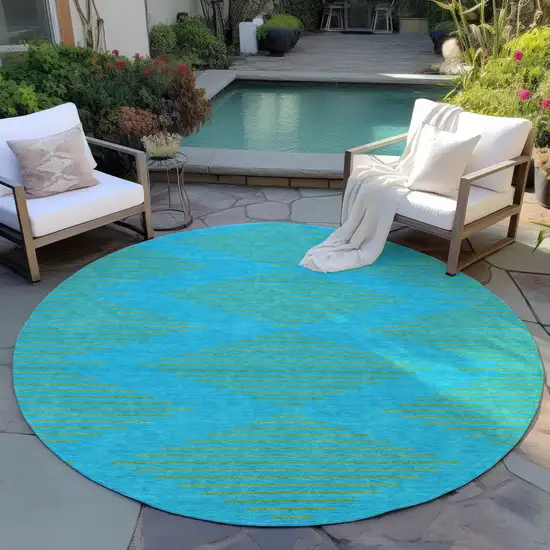 8' Aqua And Green Round Geometric Washable Indoor Outdoor Area Rug Photo 7
