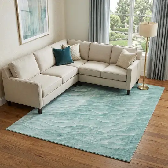 8' Aqua And Ivory Abstract Washable Area Rug With UV Protection Photo 1