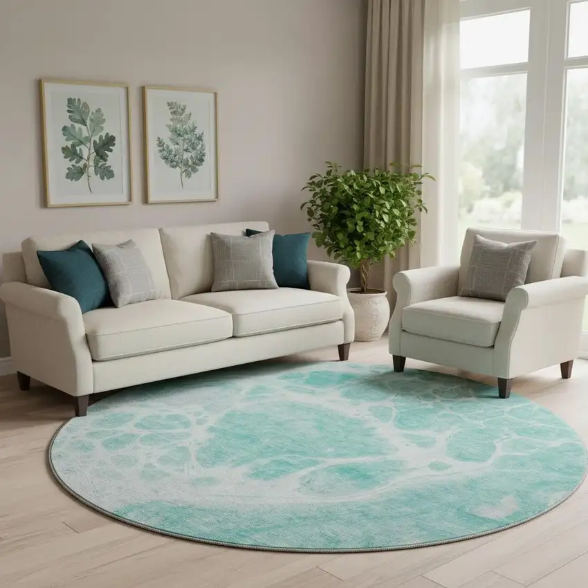 8' Aqua And Ivory Abstract Washable Round Rug With UV Protection Photo 1