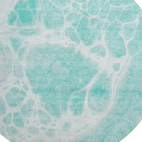 8' Aqua And Ivory Abstract Washable Round Rug With UV Protection Photo 2