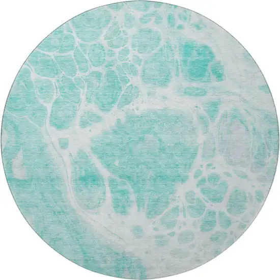 8' Aqua And Ivory Abstract Washable Round Rug With UV Protection Photo 3