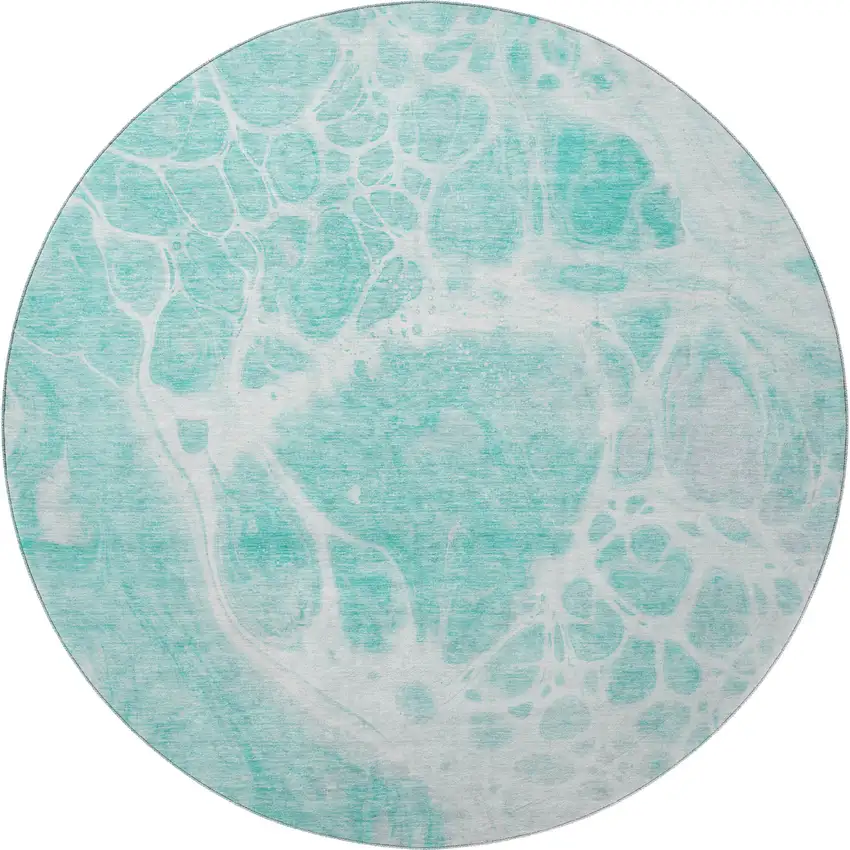 8' Aqua And Ivory Abstract Washable Round Rug With UV Protection Photo 3