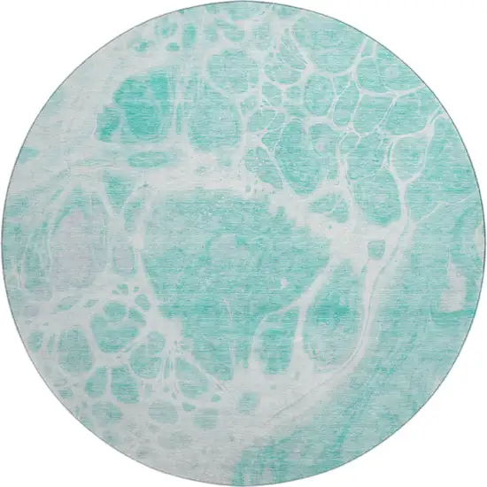 8' Aqua And Ivory Abstract Washable Round Rug With UV Protection Photo 1
