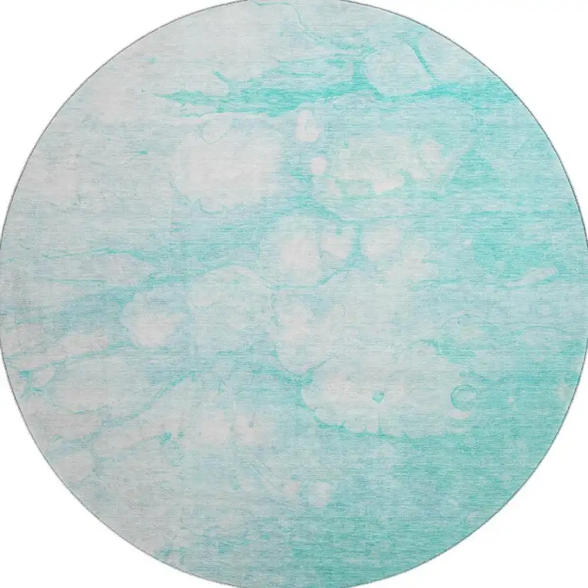 8' Aqua And Ivory Abstract Washable Round Rug With UV Protection Photo 3