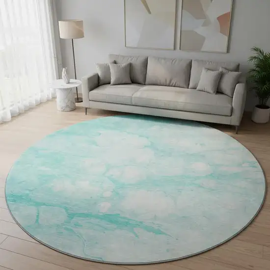 8' Aqua And Ivory Abstract Washable Round Rug With UV Protection Photo 2