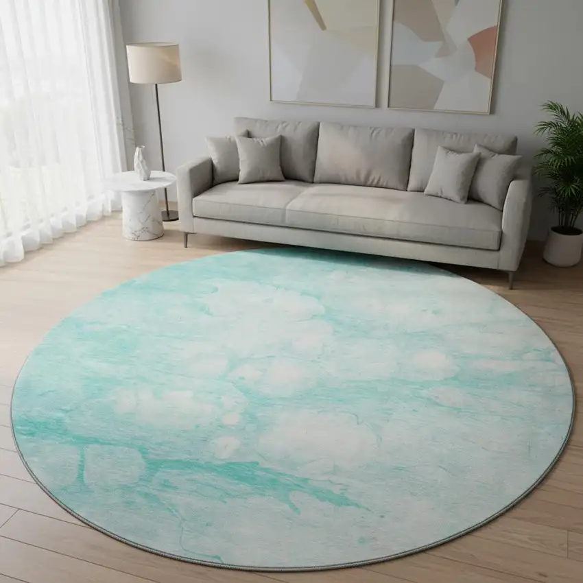 8' Aqua And Ivory Abstract Washable Round Rug With UV Protection Photo 2