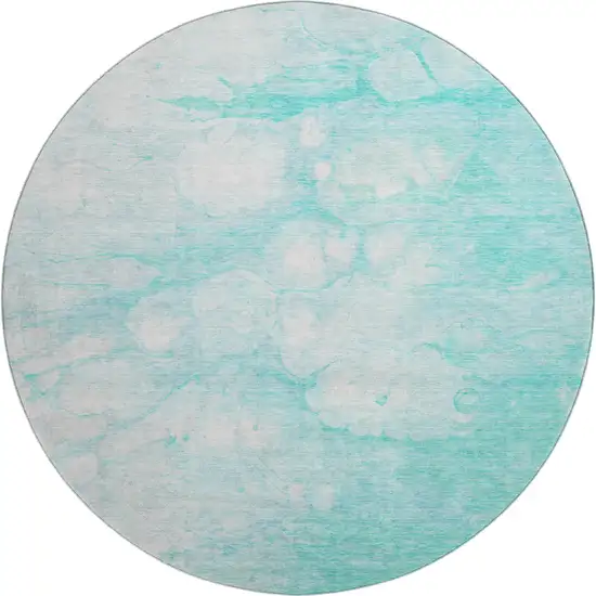 8' Aqua And Ivory Abstract Washable Round Rug With UV Protection Photo 1