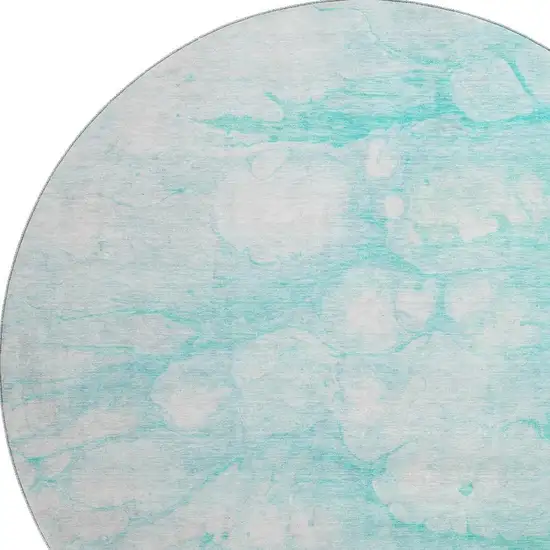 8' Aqua And Ivory Abstract Washable Round Rug With UV Protection Photo 4