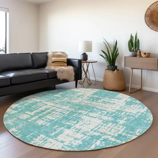 8' Aqua And Ivory Abstract Washable Round Rug With UV Protection Photo 5