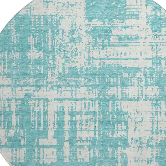 8' Aqua And Ivory Abstract Washable Round Rug With UV Protection Photo 3