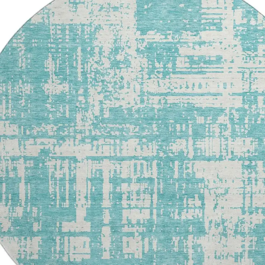 8' Aqua And Ivory Abstract Washable Round Rug With UV Protection Photo 3
