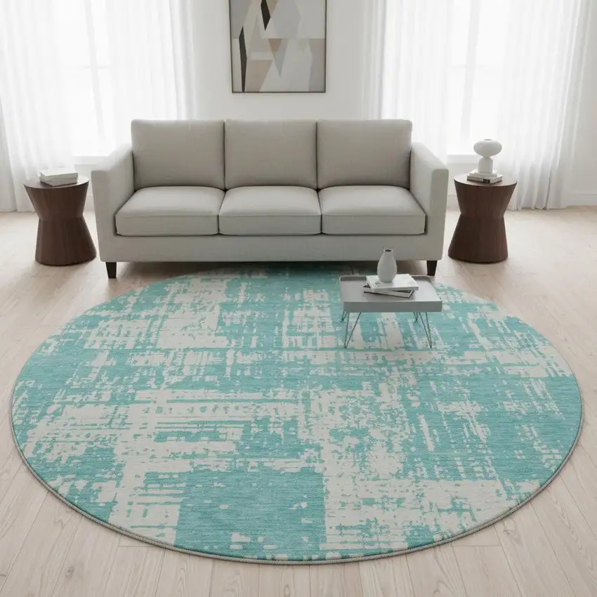 8' Aqua And Ivory Abstract Washable Round Rug With UV Protection Photo 2